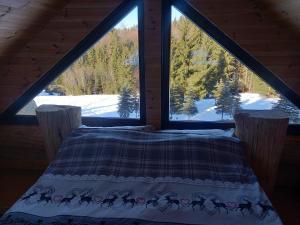a bed in front of a large window in a cabin at Nyugalom Rönkhàz in Mureş-Sat