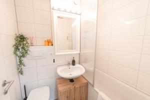 ein Badezimmer mit Waschbecken, Toilette und Spiegel in der Unterkunft Zentrales Apartment mit Balkon direkt am Wanderweg - Alpenperle Tegernsee in Tegernsee