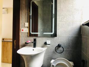 a bathroom with a sink and a toilet and a mirror at AGASARO LUXURY Apartment in Kigali +44 photos