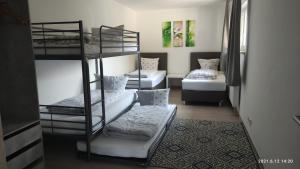 a room with three bunk beds and a rug at Gemütliche Wohnung an der Schweizer Grenze in Gottmadingen