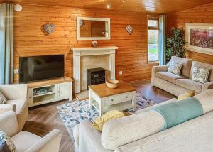a living room with couches and a tv and a fireplace at Pant Wilkin Lodges And Equestrian Centre in Cowbridge +6 photos