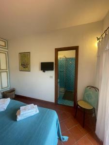Un dormitorio con una cama y un baño con ducha. en Casa Migliore, en San Pantaleo
