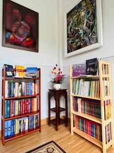 zwei Bücherregale voller Bücher in einem Raum in der Unterkunft Hue Panorama Villa in Cư Chinh