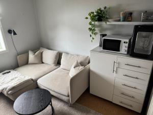 un soggiorno con divano e microonde di Casa Kvaløya a Tromsø Altre 5 foto