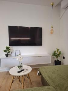 a living room with a flat screen tv on a wall at Apartman Ladini Lana in Starigrad-Paklenica