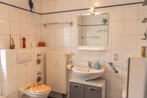 a bathroom with a sink and a toilet and a mirror at Ferienwohnung Werner in Warmensteinach +48 photos