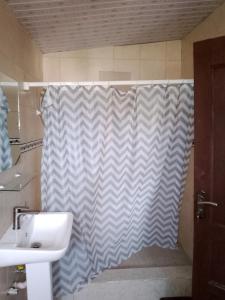 a bathroom with a sink and a shower curtain at Great Escape Inn Hotel in Bortianor