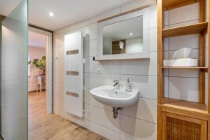 LeutersdorfにあるFerienwohnung Landlustの洗面台と鏡のあるバスルーム +16枚の写真