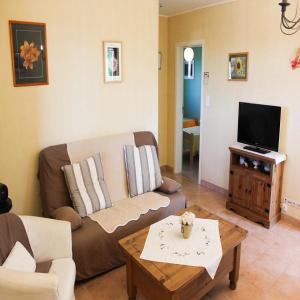 un soggiorno con un divano e una TV di Gîte le Platane a Montagnac