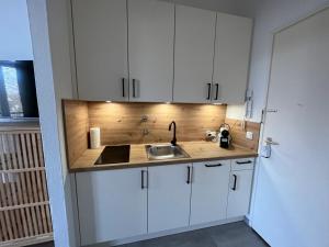 a kitchen with white cabinets and a sink at Cozy one bedroom apartment in Augsburg in Augsburg