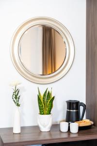 a mirror on a wall above a table with plants at Penzion Šterk in Most na Soči