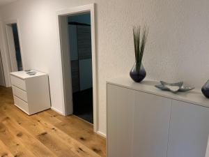 a vase on top of a white cabinet with a mirror at Luxury Apartements in Hohenems +18 photos