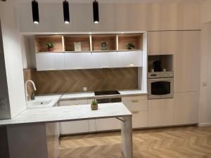 a kitchen with white cabinets and a counter top at Appartement Ajaccio in Ajaccio