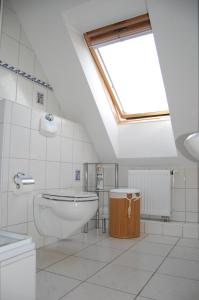 a bathroom with a toilet and a skylight at Gästehaus am Fischerweg in Lauterbach
