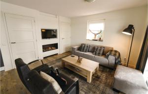 a living room with a couch and a fireplace at Bodelaeke-Rietburg Wellness 4P in Giethoorn