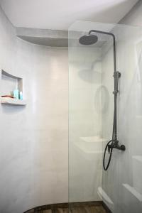 a shower with a glass door in a bathroom at Cozy Studio #6 in Malia +11 photos