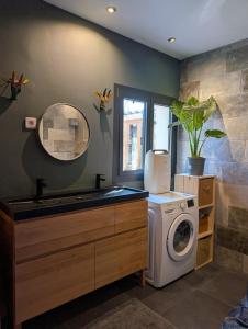 Un baño con lavadora y lavabo. en House surrounded by nature, en Callian