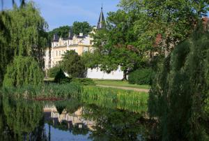 un castillo reflejado en el agua de un lago en Schloss und Gut Liebenberg, en Liebenberg