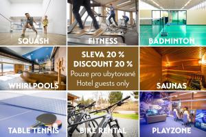 a collage of photos showing different types of gym equipment at Amenity Hotel & Resort Lipno in Lipno nad Vltavou