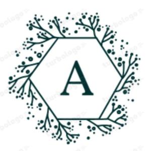 a letter logo with leaves and branches in a pentagon at Alpas mountain pool resort in Santa Monica