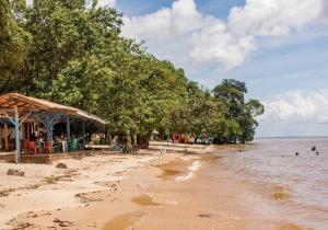 a beach with trees and people sitting on the shore at Pousada Recanto do Sabiá in Barcarena