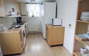 a small kitchen with a sink and a refrigerator at Amazing Home In Ljungby With Lake View in Bolmstad