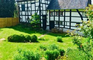 a yard with two black and white buildings at Alte Wassermühle in Heimbach
