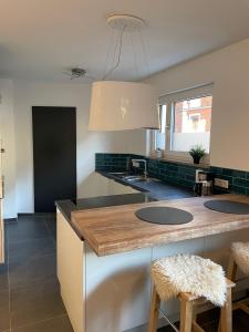 una cocina con una isla con encimera en Apartment St Johannis, en Núremberg