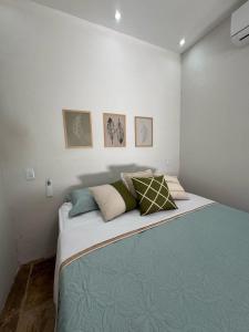 a bedroom with a large bed with pillows on it at Butterfly House in Flecheiras