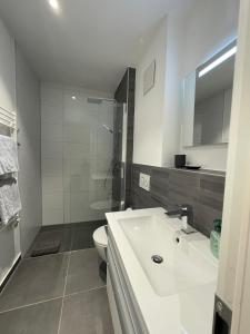 Un baño blanco con inodoro y lavabo. en Apartment St Johannis, en Núremberg