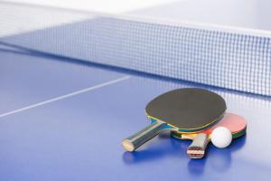 a ping pong racket and two balls on a court at Amenity Hotel & Resort Lipno in Lipno nad Vltavou