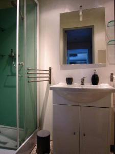 a bathroom with a sink and a shower with a mirror at Charming 100m2 House in Croix-Chapeau, 15mn from La Rochelle in Croix-Chapeau +14 photos