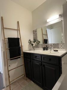 Appart au pied du T2 La Défense Paris في بيزونس: حمام مع غطاء أسود ومرآة +16 صورة