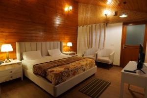 a bedroom with a bed and a desk and a television at Conifer Resort in Jajal