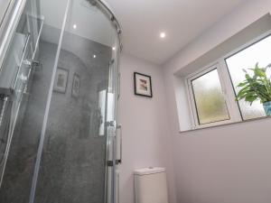 a bathroom with a shower and a toilet at Elder Cottage Studio in Truro +11 photos