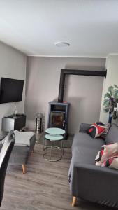 Una sala de estar con un sofá y una chimenea. en Haus Seerose, en Lalendorf 1 foto más