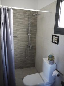a bathroom with a shower with a toilet and a shower curtain at Soulbreeze Bungalows Kos, Haus 4 in Platánion +14 photos