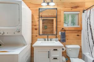 a bathroom with a sink and a toilet and a mirror at Modern Cabin in the Woods with Hot Tub in Travelers Rest