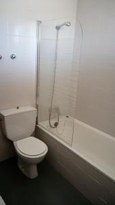 レケナにあるHotel-Motel Sol IIのバスルーム(トイレ、ガラス張りのシャワー付)