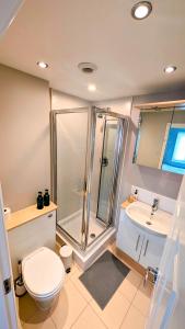 a bathroom with a shower and a toilet and a sink at Charming Townhome Retreat, close to Manchester in Manchester +22 photos