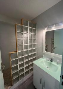 a bathroom with a sink and a mirror at Lo Nidou Gruissan in Gruissan