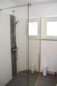 eine Glasdusche im Bad mit zwei Fenstern in der Unterkunft Haus Storjohann Dagebüll in Dagebüll