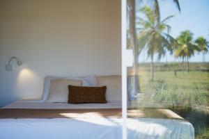 a bedroom with a bed with a view of a palm tree at Cabanas Blue in Mata de Sao Joao +78 photos