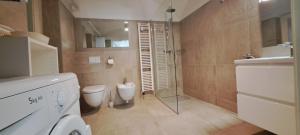 a bathroom with a shower and a toilet and a sink at Tomcat in Zagreb