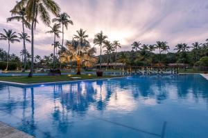 a large swimming pool with palm trees in the background at Reserva Jacumã Boutique Hotel in Trancoso