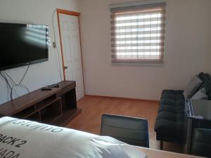 a living room with a flat screen tv and a couch at CABAÑAS BRUJAS in Salamanca