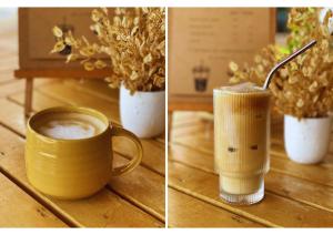 two pictures of a cup of coffee on a table at Coconut Wells Phuket in Chalong