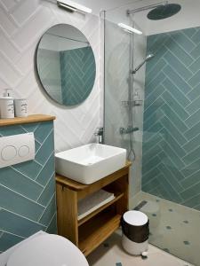 a bathroom with a sink and a shower at Family Nest in Vărbilău +19 photos