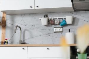 a kitchen counter with cups and utensils on a wall at Apartment Velik in Sandanski +36 photos