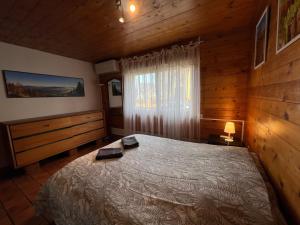 ein Schlafzimmer mit einem Bett in einem Holzzimmer in der Unterkunft Albert Ranch House - Grande maison au calme - Parking in Ribeauvillé + 31 Fotos